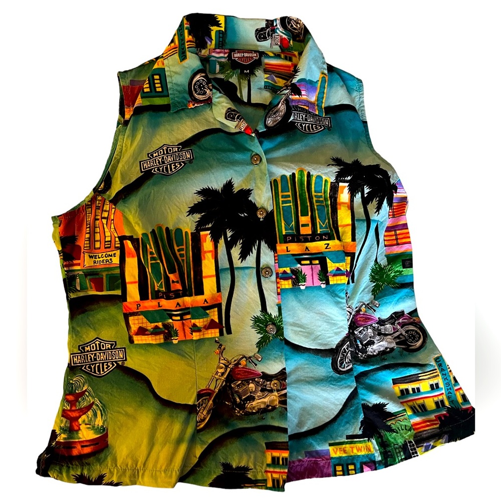 Vintage Tory Richard-Harley Davidson Collaboration Hawaiian Sleeveless Blouse.